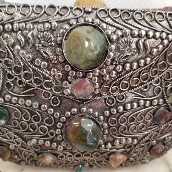 Vintage Sajai Metal Purse with Natural Agate Stones – Filigree Minaudière - Picture 8 of 8